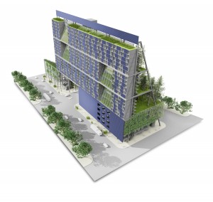Mithun Architects entered this off-grid building into the Cascadia Region Green Building Council’s Living Building Challenge. It’s designed to be completely energy and water sufficient and includes greenhouses, rooftop gardens, a chicken farm, and fields for growing vegetables and grains. 